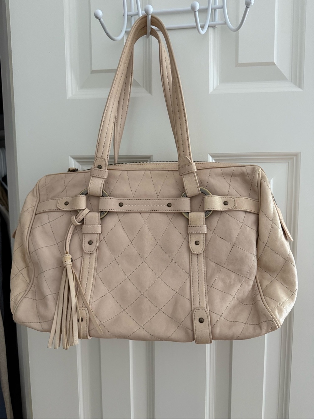 Bally Quilted Beige Leather Tote with Tassel Accent